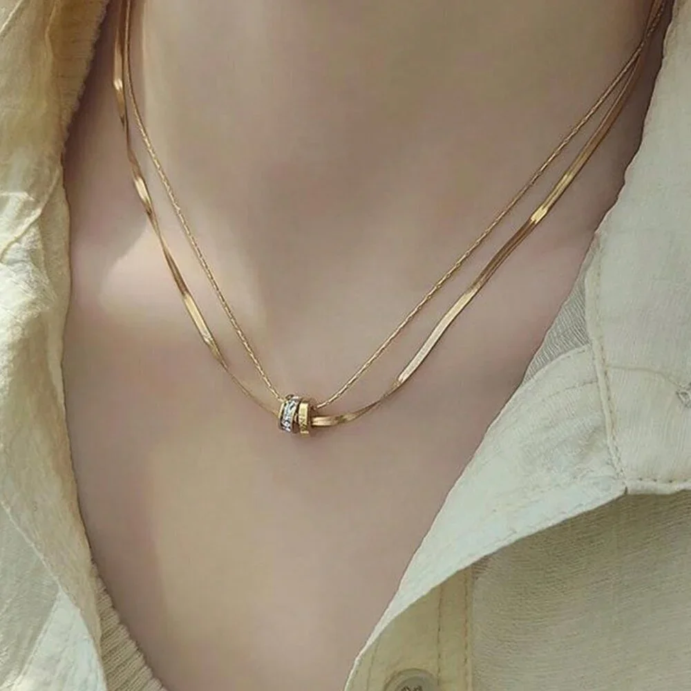 Silver Casual Women's Stainless Steel Round Cz Inlaid Double Layer Necklace